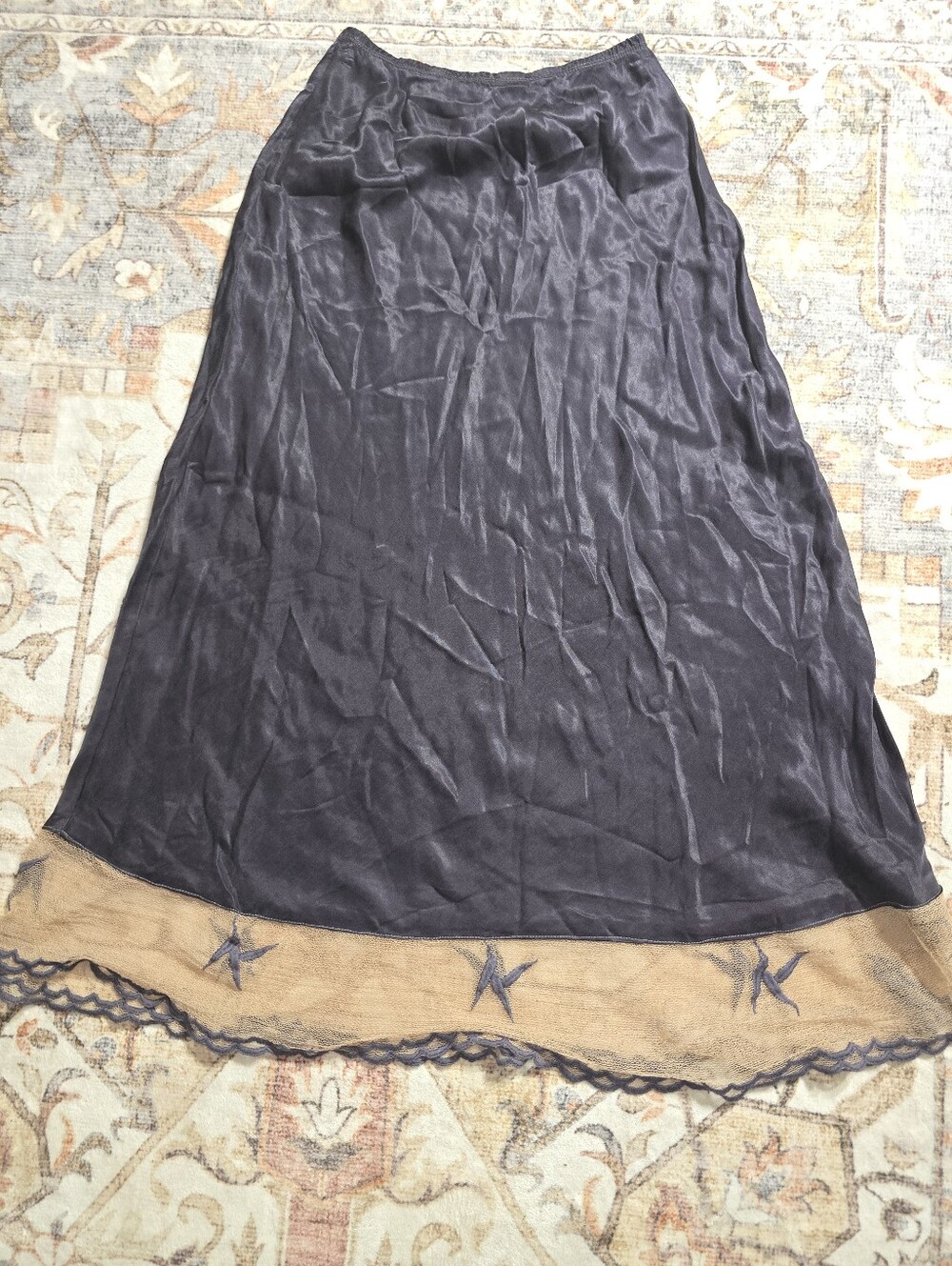 Black Satin Slip Skirt with Beige Lace Hem